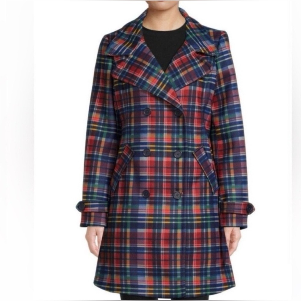 Time and Tru Navy Multi Plaid Doublebreasted Faux Wool Peacoat - Medium - NWT